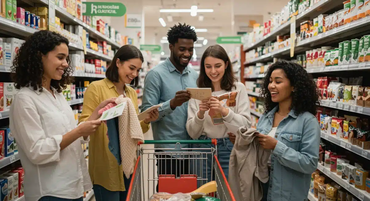 Consumers examining sustainable product labels in a retail store, showing interest in eco-friendly goods.