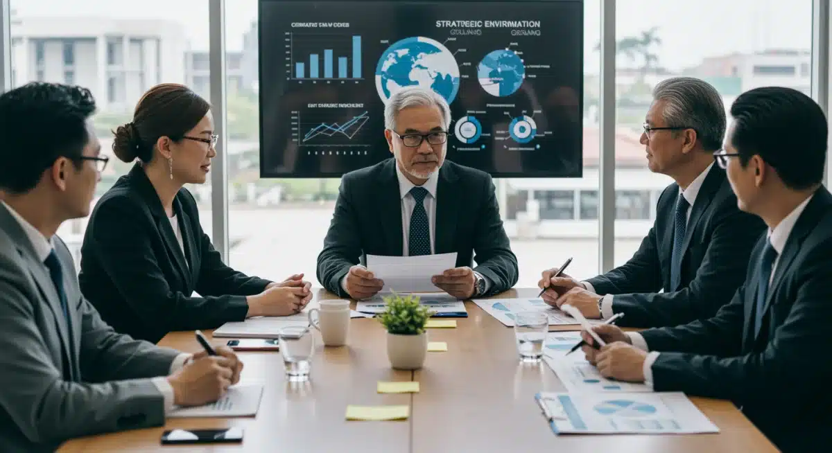 Business leaders and policymakers discussing strategic planning for environmental compliance and innovation.