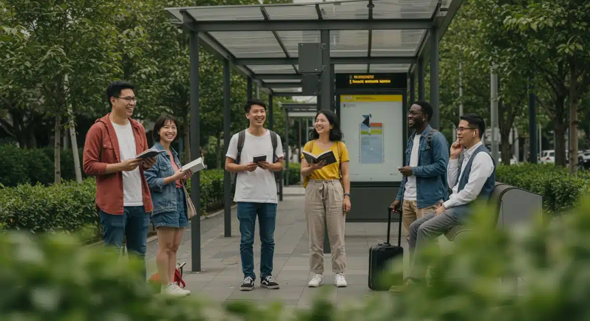 Diverse commuters at a public transport stop, demonstrating reduced stress and improved well-being.