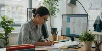 Designer working on sustainable apparel designs with eco-friendly materials