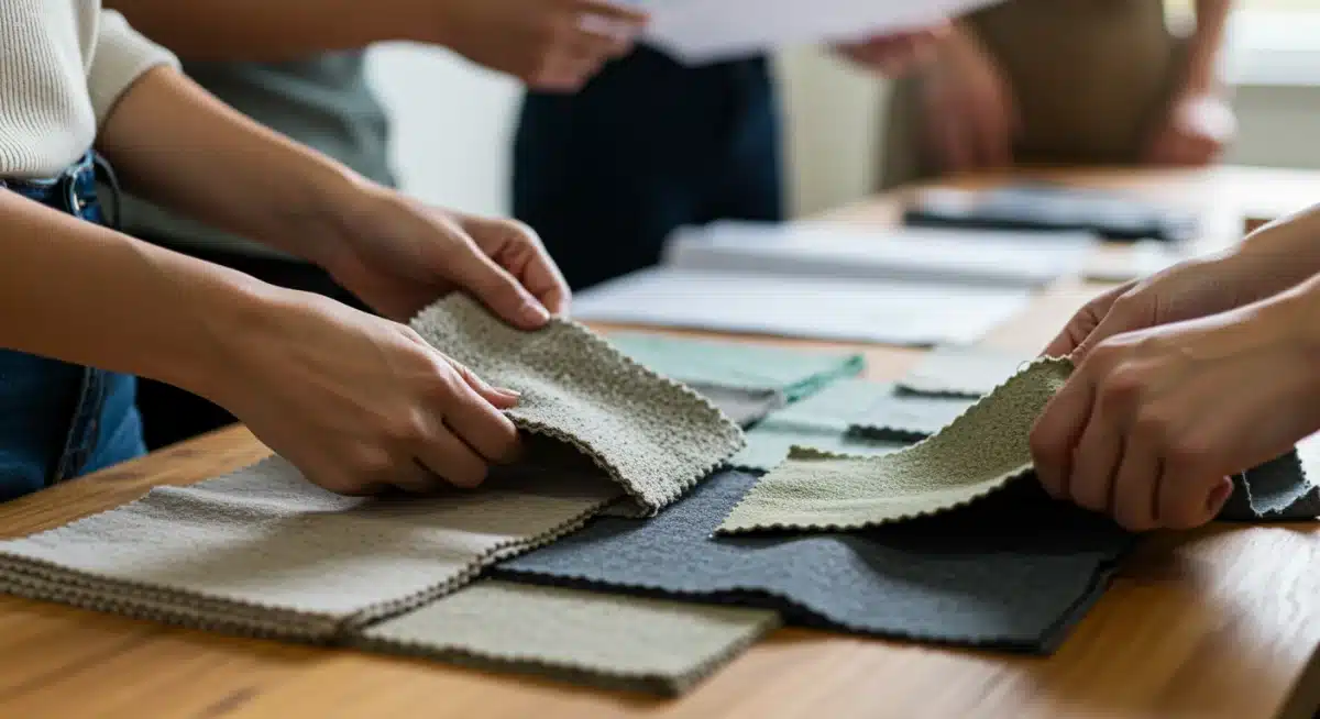 Hands sorting sustainable fabric swatches in a fashion design class.