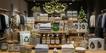Sustainable product display in a modern retail store during the holiday season, featuring eco-friendly gifts and decor.