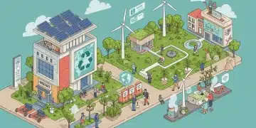 Illustration of sustainable urban design with renewable energy, green infrastructure, and collaborative design elements.
