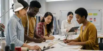 University students collaborating on sustainable fashion projects in a design studio.