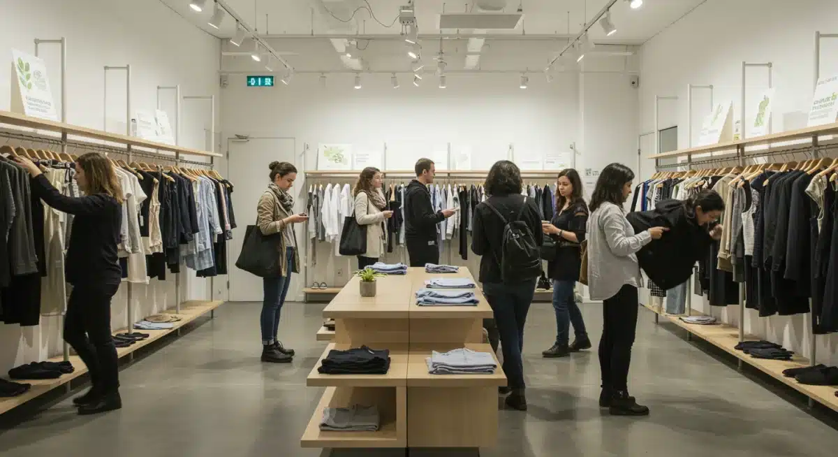 Consumers browsing sustainable bio-based clothing in modern store