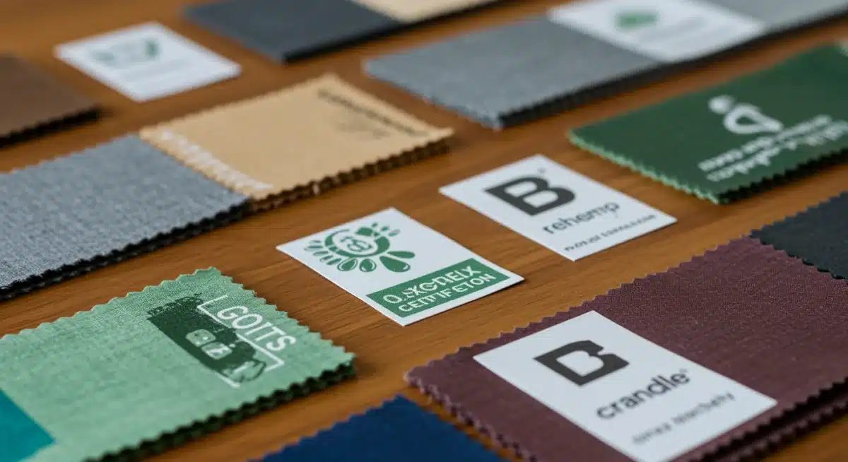 Collection of various eco-fashion certification labels on fabric swatches.