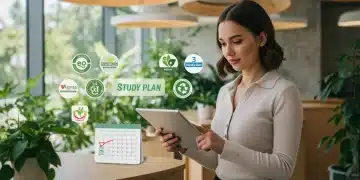 Professional woman reviewing eco-fashion certification standards on a tablet, symbolizing a 3-month study plan.