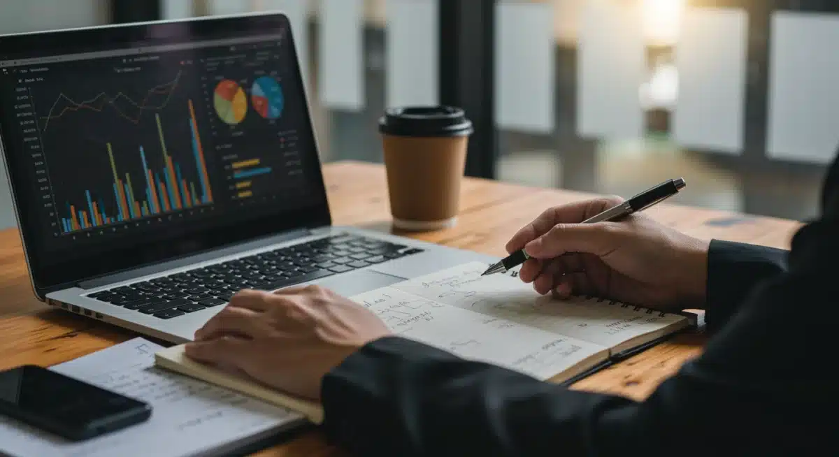 Individual analyzing financial data on a laptop and taking notes for investment planning.