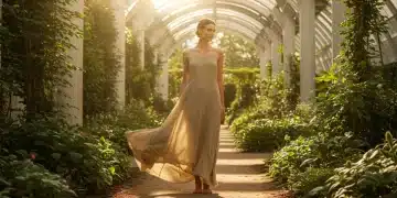 Model in bio-based fabric dress in urban garden