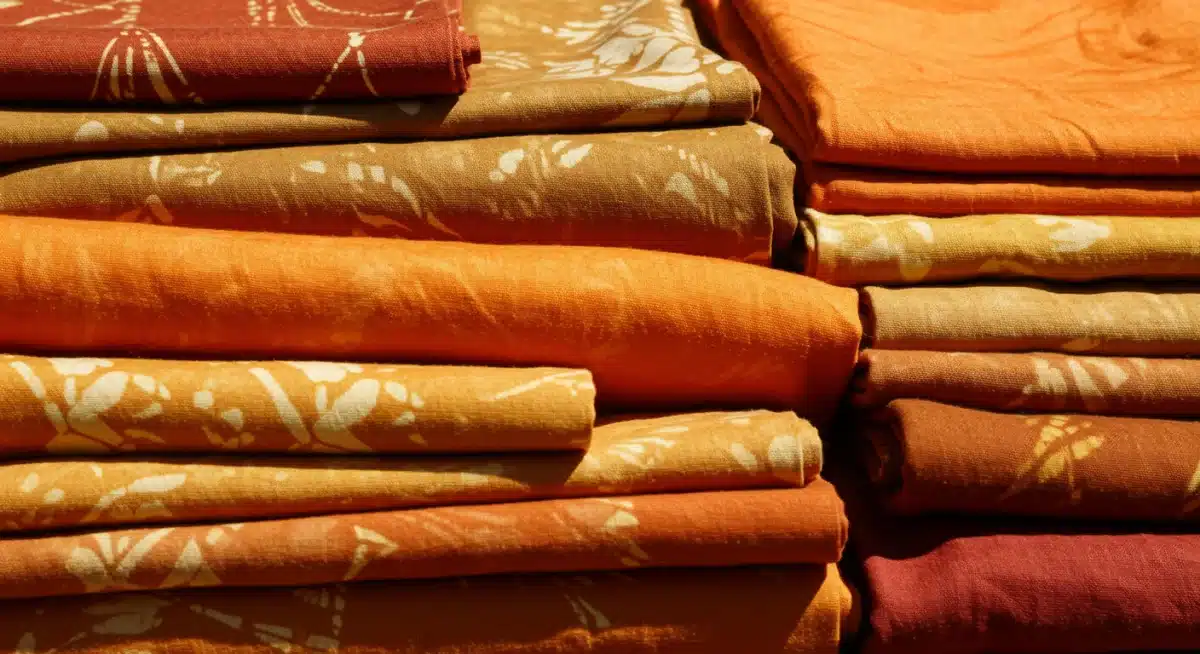 Naturally dyed fabrics in earthy tones, illustrating sustainable and chemical-free clothing.