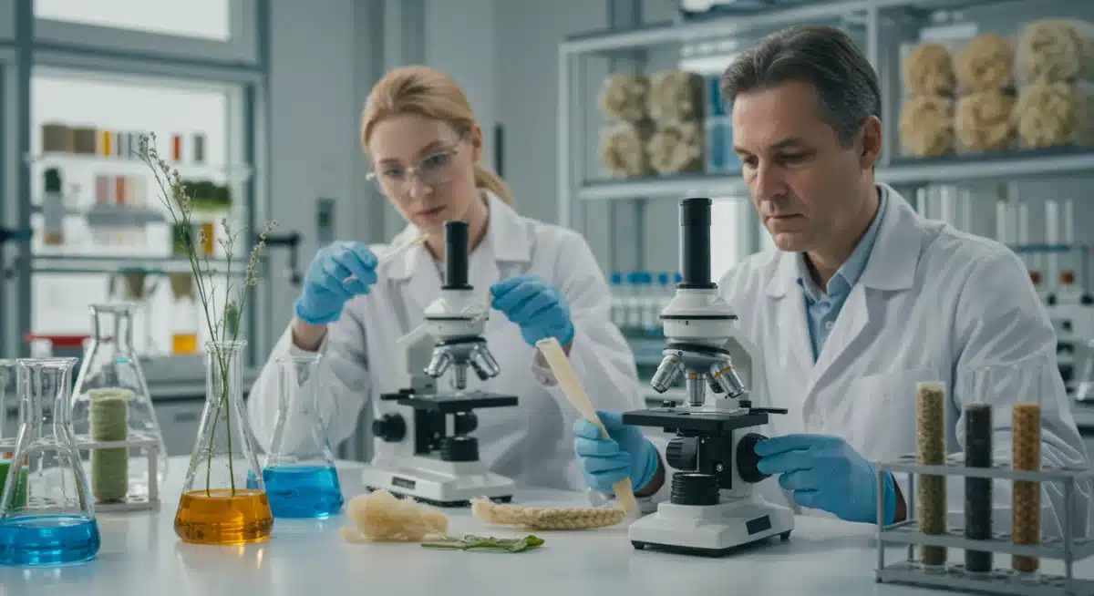 Scientists researching bio-based textile development in lab