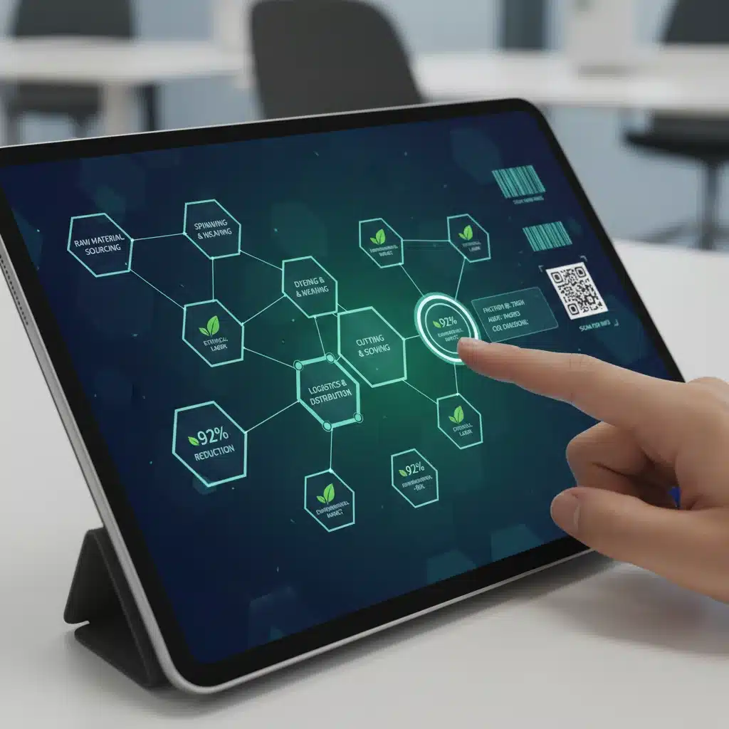 Blockchain powered supply chain traceability platform on a digital tablet, showing transparency in eco-fashion