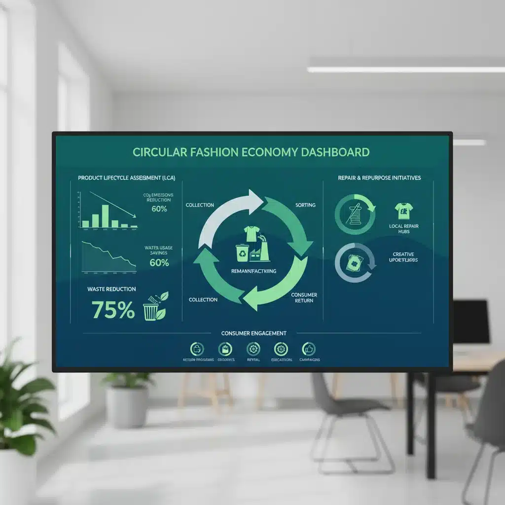 Digital dashboard illustrating circular economy principles and product lifecycle assessment for sustainable fashion brands