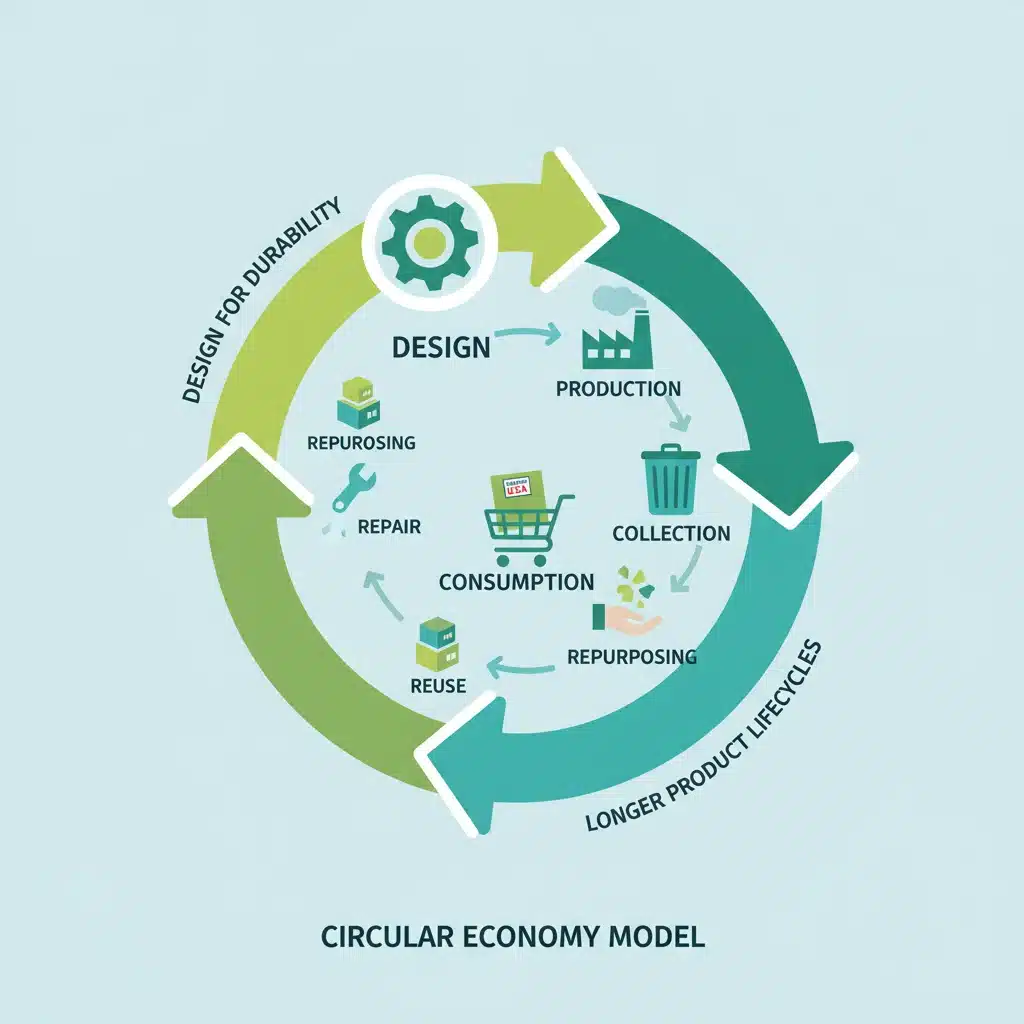Infographic depicting a circular economy model with reuse, repair, and recycling, emphasizing waste reduction.