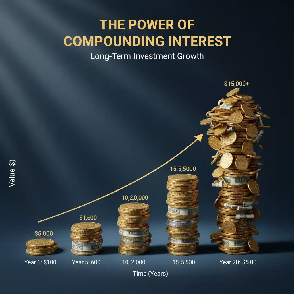 Compounding interest growth over time, illustrating investment benefits