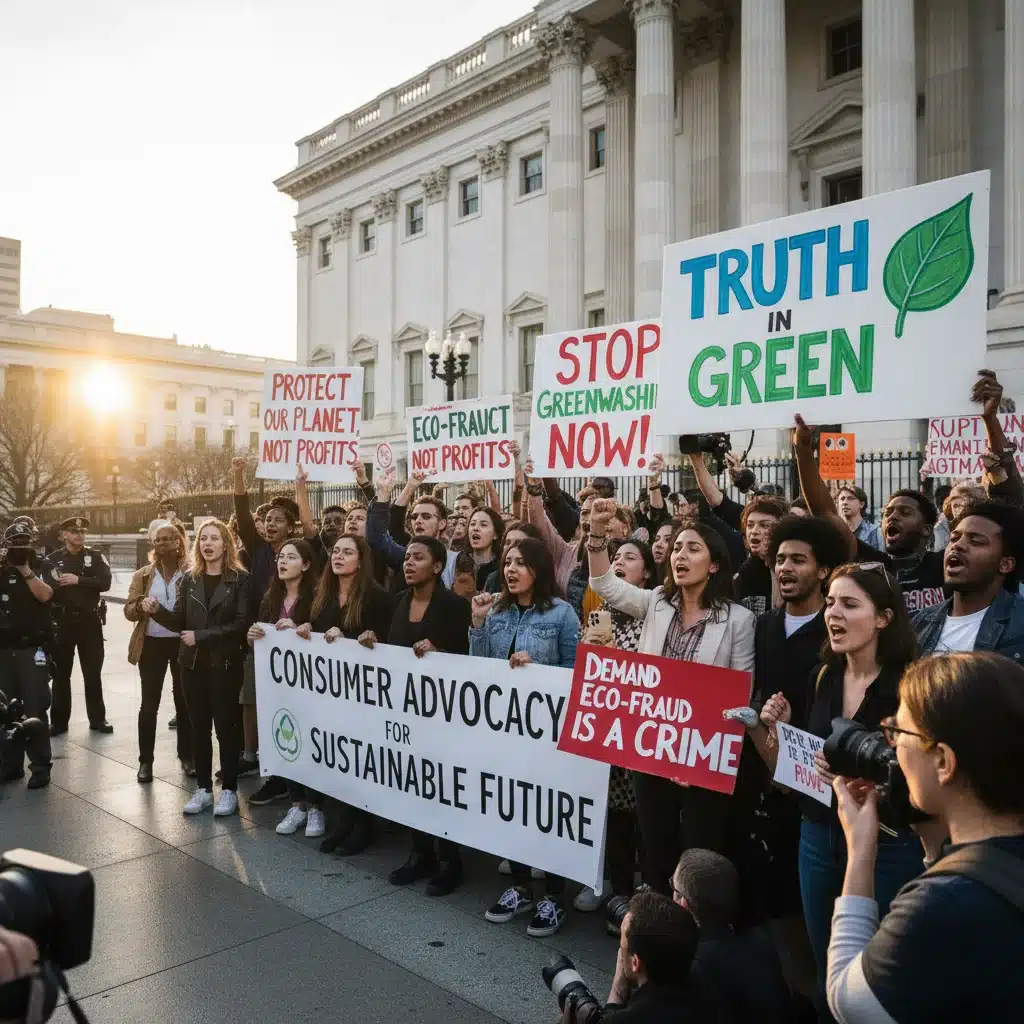 Consumer advocates protesting for stricter greenwashing laws, demanding truth.
