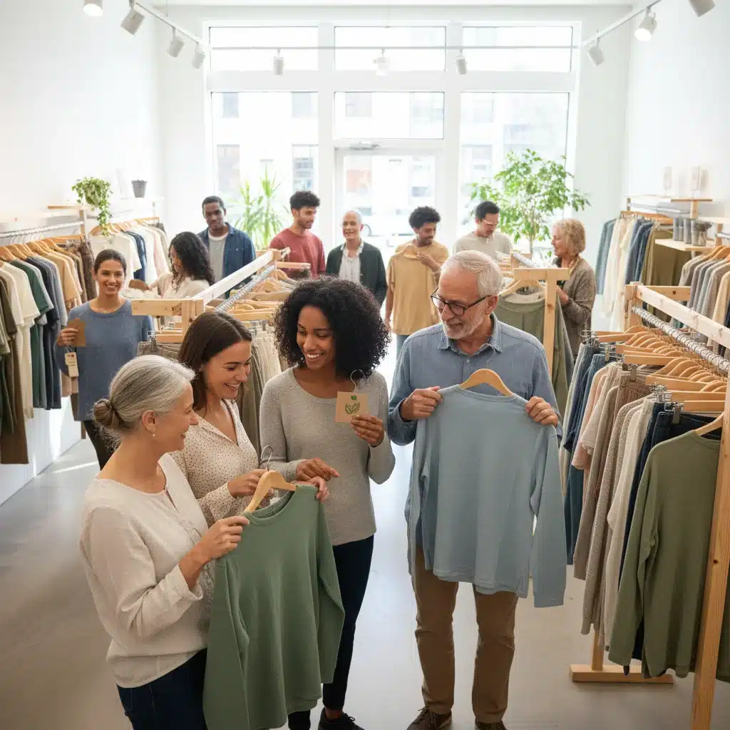 Consumers examining organic cotton clothing in a sustainable retail store