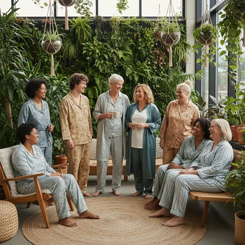 Diverse group of people comfortably wearing stylish eco-friendly pajamas in a modern, bright setting.