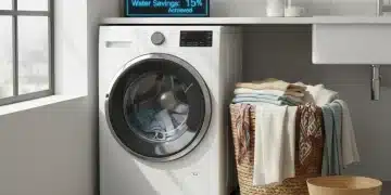 Eco-friendly laundry room with sustainable clothing and water-saving washing machine.