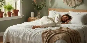 Person sleeping peacefully in eco-friendly pajamas in a sunlit, natural bedroom.