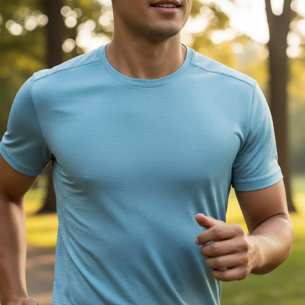 Person wearing breathable, moisture-wicking eco-textile athletic wear while jogging.
