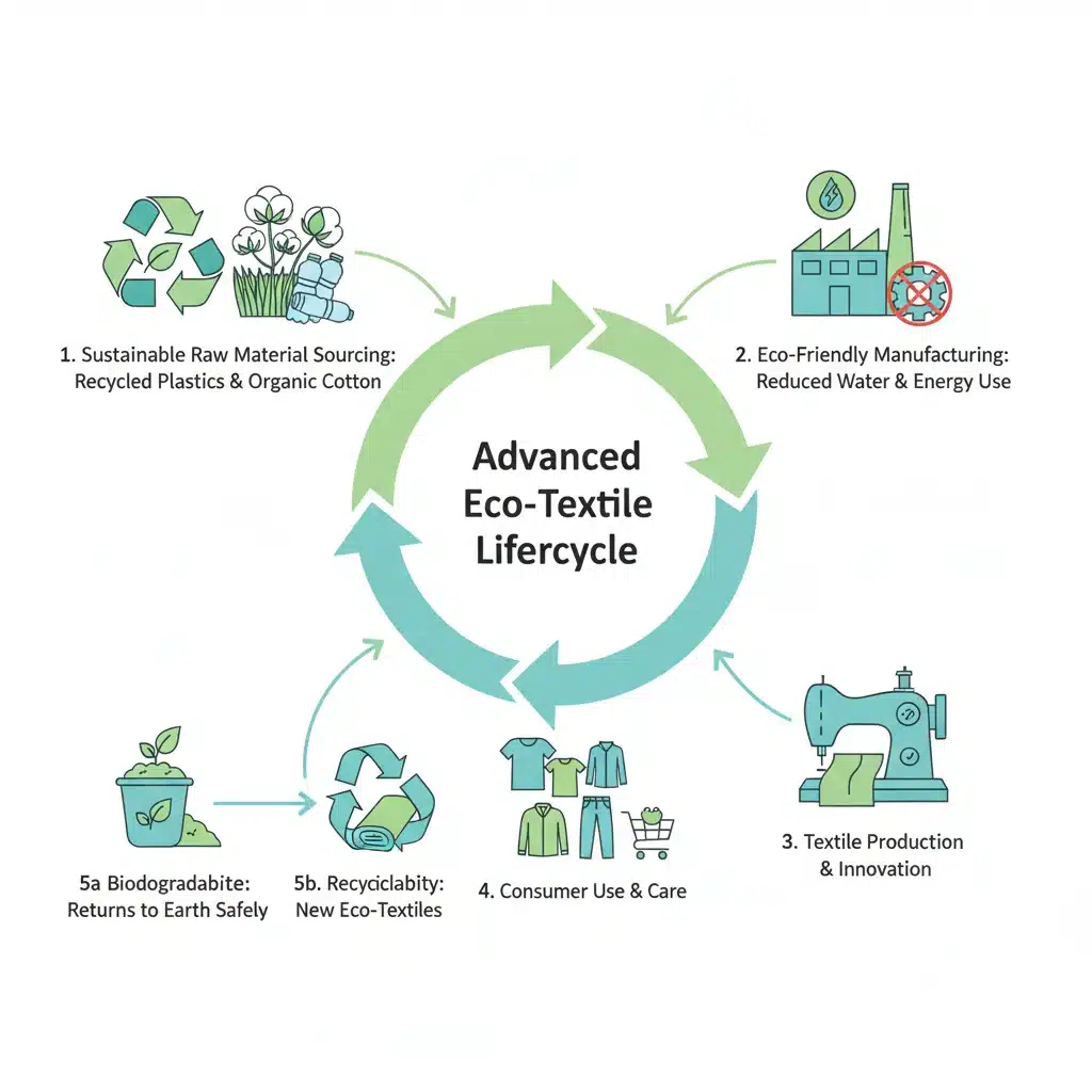 Infographic showing the sustainable lifecycle of an advanced eco-textile, from source to disposal.