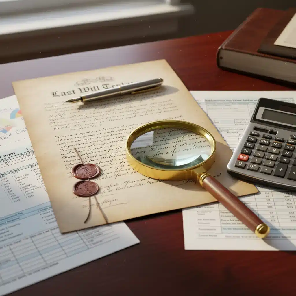 Close-up of legal documents and financial tools for estate planning review.