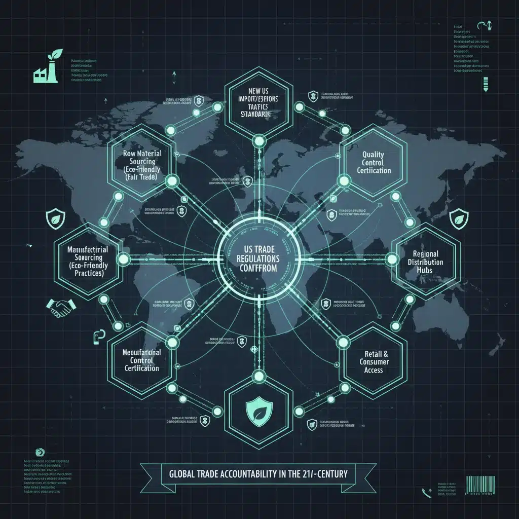 Complex global fashion supply chain network with ethical compliance checkpoints