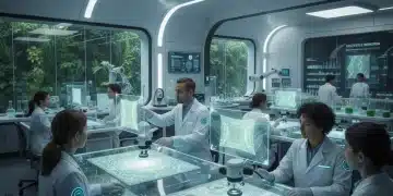 Scientists examining advanced eco-textiles in a futuristic lab, symbolizing innovation and sustainability.