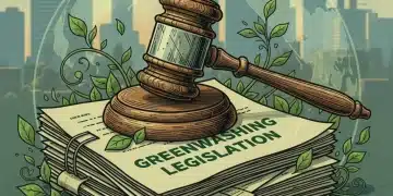 Gavel on 'Greenwashing Legislation' documents, symbolizing impending US laws.