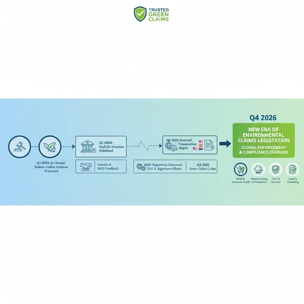 Infographic timeline of upcoming US greenwashing legislation and compliance.