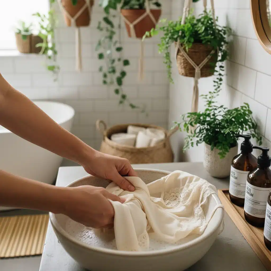 Hand-washing delicate clothes with eco-friendly soap, conserving water.
