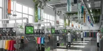 Modern textile dyeing facility with water-saving technology and digital monitoring systems.