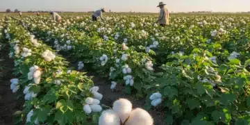 Organic cotton field at sunrise with farmers, symbolizing sustainable agriculture