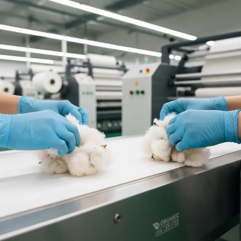 Hands sorting organic cotton fibers in a clean, ethical textile factory