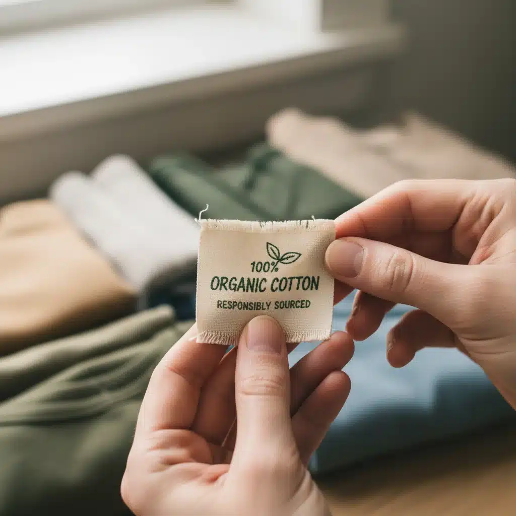Close-up of a clothing tag emphasizing recycled materials and ethical sourcing.