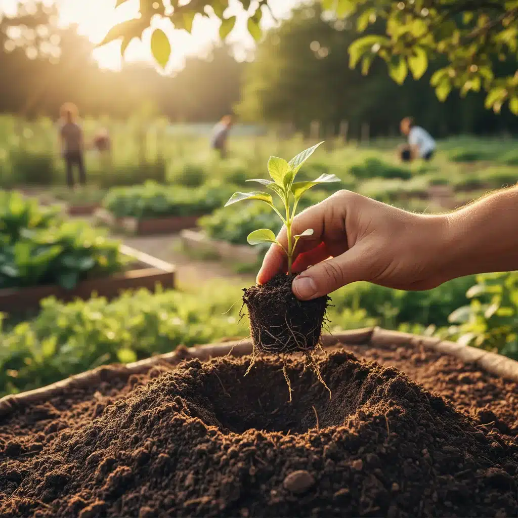 Hand planting a seedling, symbolizing reforestation and the positive impact of sustainable choices.