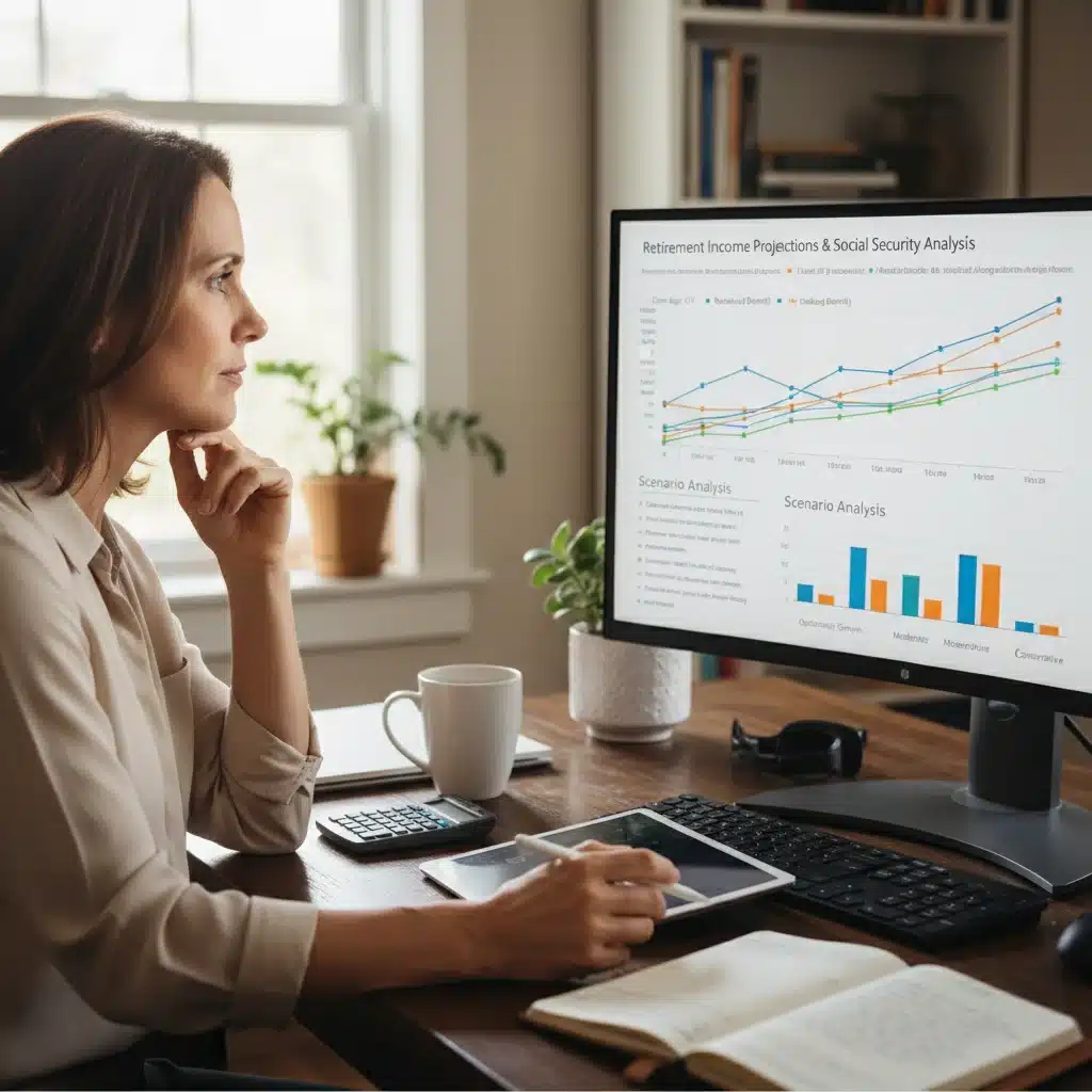 Individual analyzing retirement financial projections for Social Security benefits.