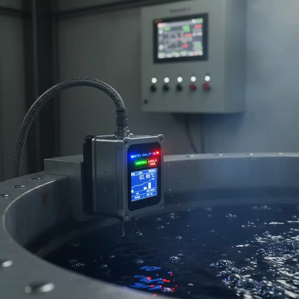 Smart sensor monitoring water quality in a textile dyeing vat.
