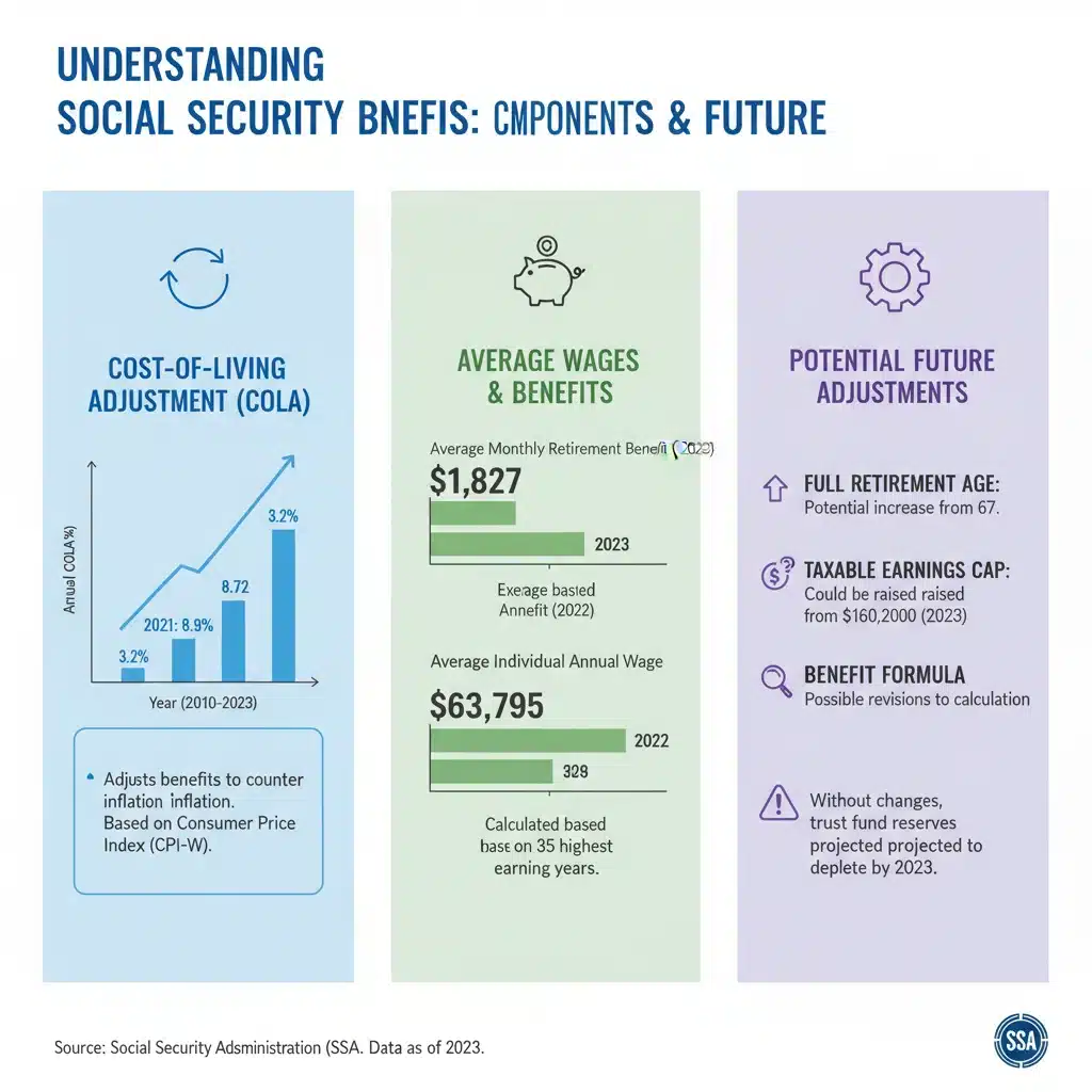 Infographic showing Social Security benefit components and future adjustment factors.