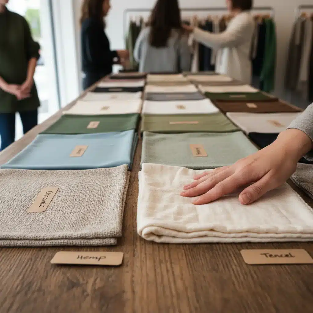 Variety of sustainable fabric swatches like organic cotton, hemp, and Tencel.