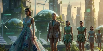 Sustainable fashion models showcasing eco-friendly clothing in an urban environment.