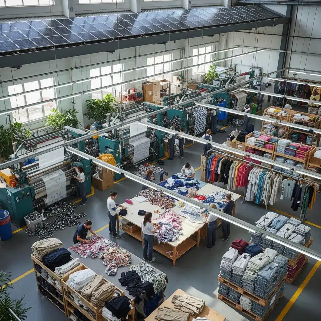 Sustainable fashion workshop with advanced textile recycling machinery and eco-friendly practices