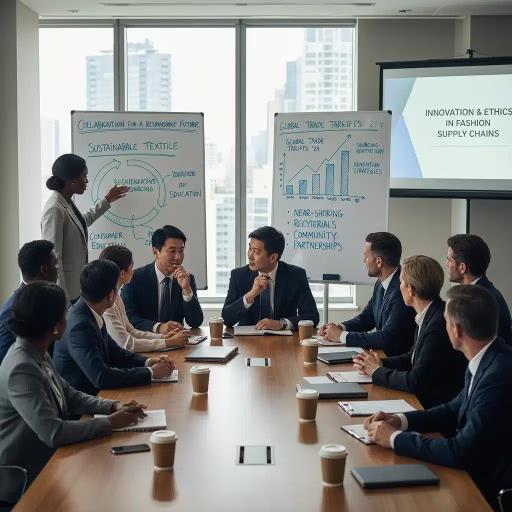 Fashion executives discussing sustainable textile innovations and new trade policies