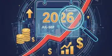 Graphic showing 2026 inflation forecast with magnifying glass on 3-month outlook and financial symbols.