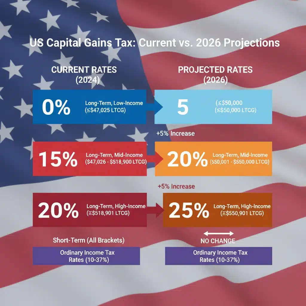 Infographic comparing capital gains tax rates, current vs 2026 projections