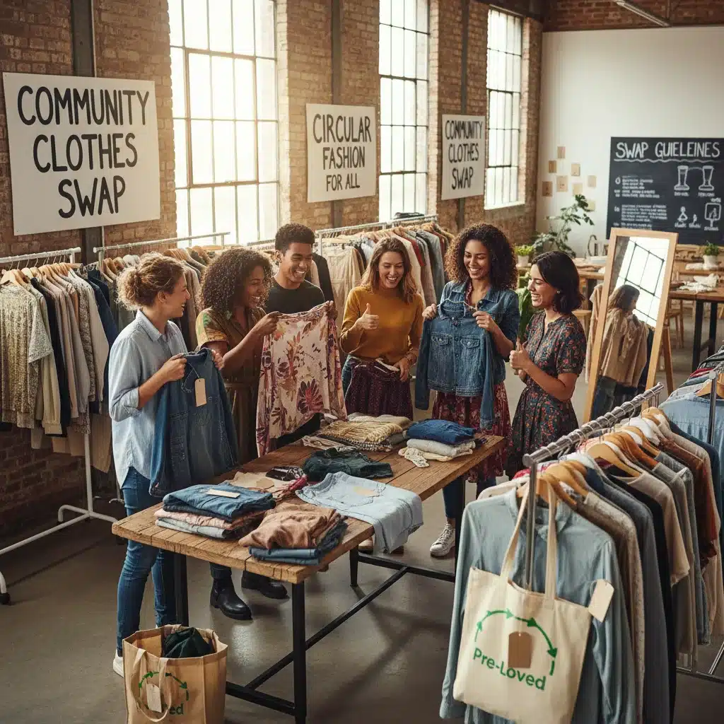Friends engaging in a joyful clothing swap, promoting circular fashion.