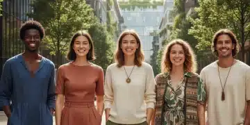 Diverse individuals confidently wearing sustainable fashion in an urban environment.