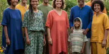 People smiling in comfortable eco-friendly clothing, showcasing sustainable fashion benefits.