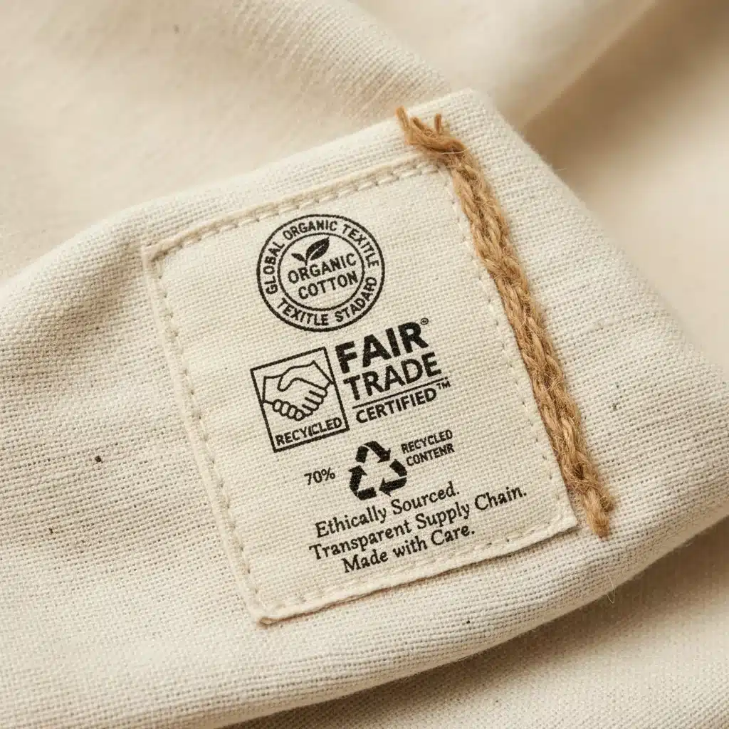Close-up of a sustainable garment label with organic and fair trade certifications.